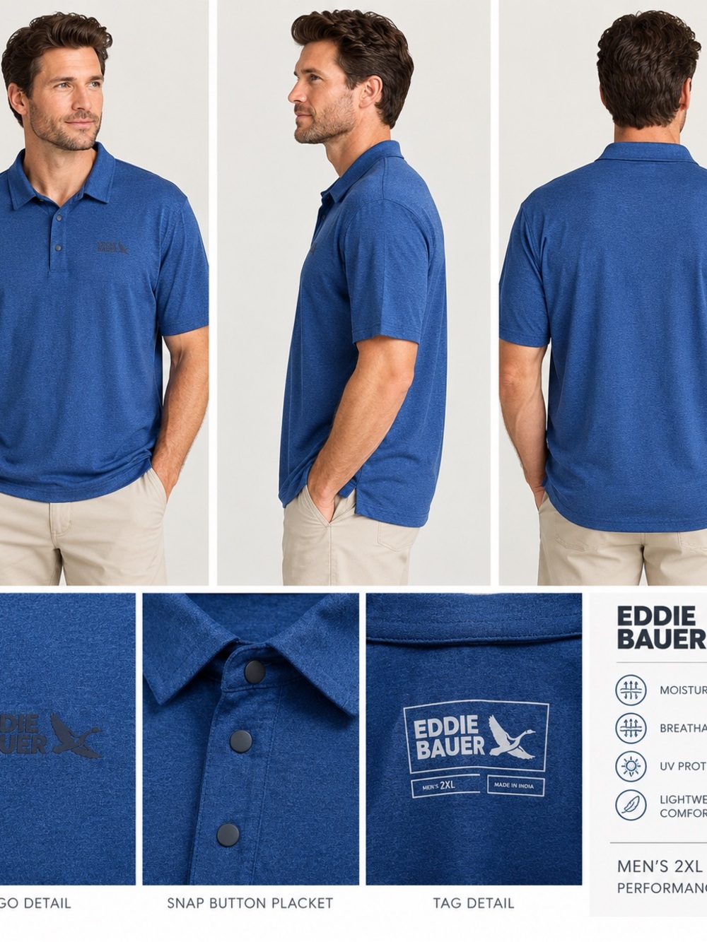 Eddie Bauer Men’s 2XL Blue Performance Polo Shirt Short Sleeve Snap Button